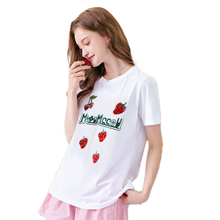 MIKIBANA纯棉白色短袖T恤女2024新款草莓印花短上衣夏季JM2ZB0088