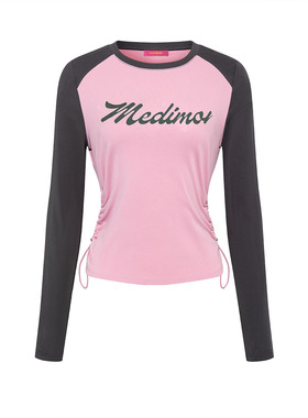 Mikibana撞色插肩甜酷字母印花圆领修身长袖T恤上衣春秋J41TT3114