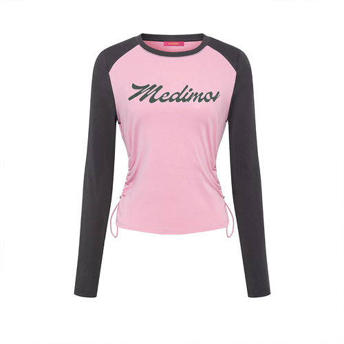 Mikibana撞色插肩甜酷字母印花圆领修身长袖T恤上衣春秋J41TT3114