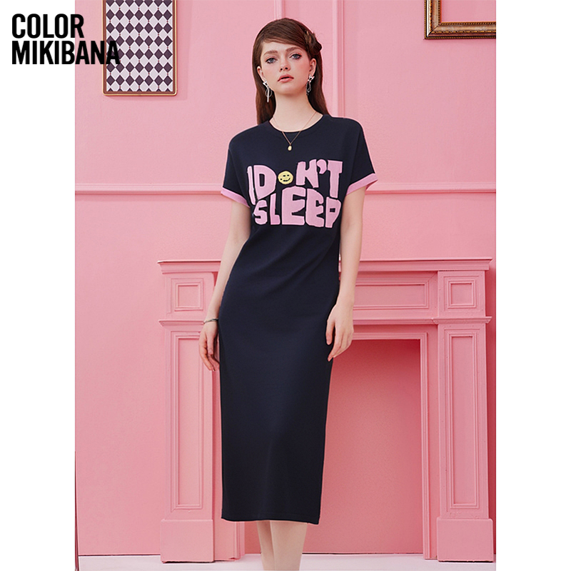 MIKIBANA气质优雅T恤裙修身款短袖针织女中长款半身裙J42TP3185