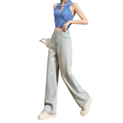 MIKIBANA直筒牛仔裤女2024春秋高腰宽松显瘦阔腿裤子J42JP3037