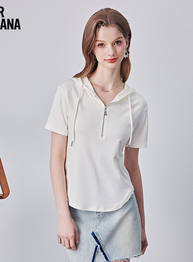 Mikibana半拉链结构V领修身短袖圆弧下摆T恤上衣女夏J41TT3242