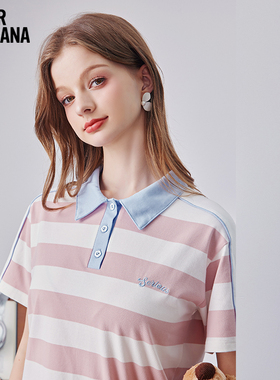 MIKIBANA米可芭娜女式翻领polo衫粗条纹学院风短袖T恤夏J41TT3223