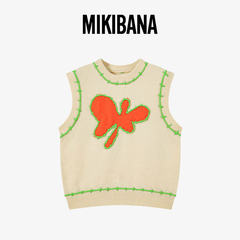 MIKIBANA米可芭娜2024无袖针织背心橙色拼色毛衫马甲女J44TV3232