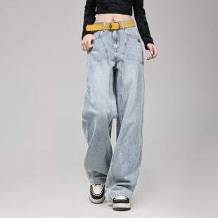 153小个子设计感牛仔裤女高街阔腿裤浅色水洗休闲显瘦阔腿裤