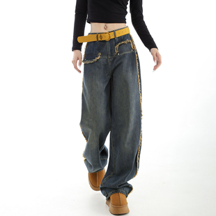 153小个子新款休闲直筒阔腿裤女假口袋毛边设计感显瘦牛仔长裤