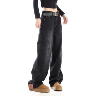 150小个子设计感高街美式倒装牛仔裤女加绒水洗复古弯刀裤