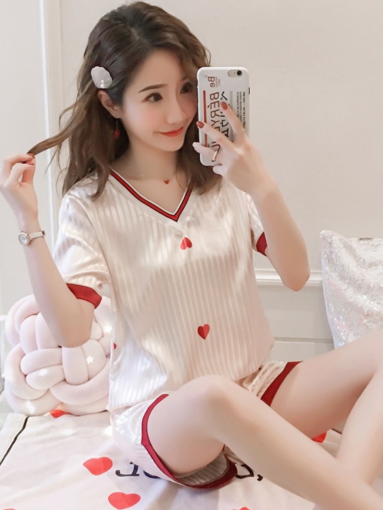 夏天睡衣女薄款冰丝韩版甜美可爱女士宽松夏季短袖家居服两件套装