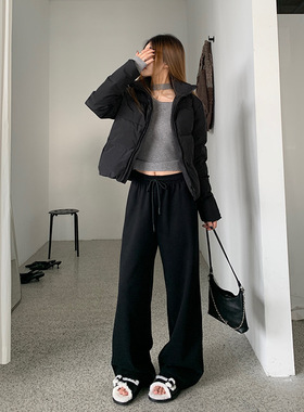 EAL慵懒风直筒加绒卫裤女2025春冬堆叠感宽松遮胯显瘦休闲阔腿裤