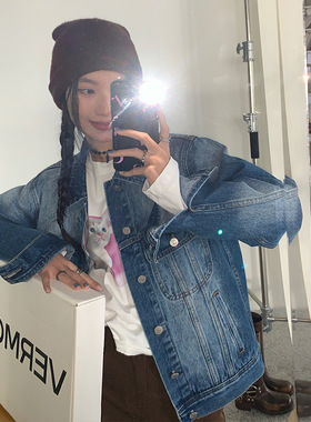 EAL羽迹复古牛仔外套女2025春季韩系翻领宽松休闲水洗夹克上衣