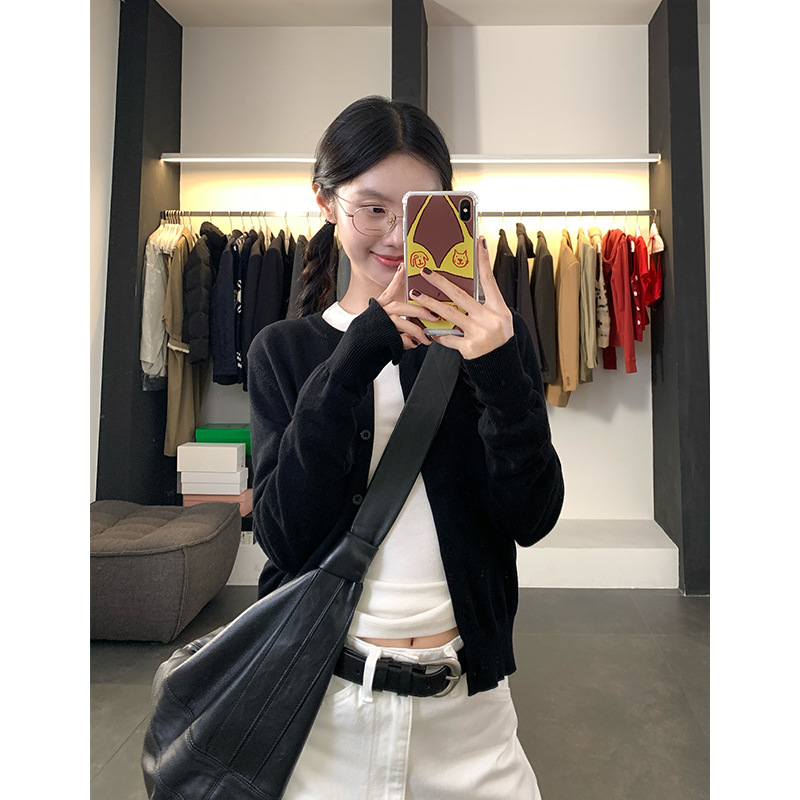 EAL山羊绒圆领针织开衫慵懒风软糯纯色显瘦气质毛衣薄外套上衣女