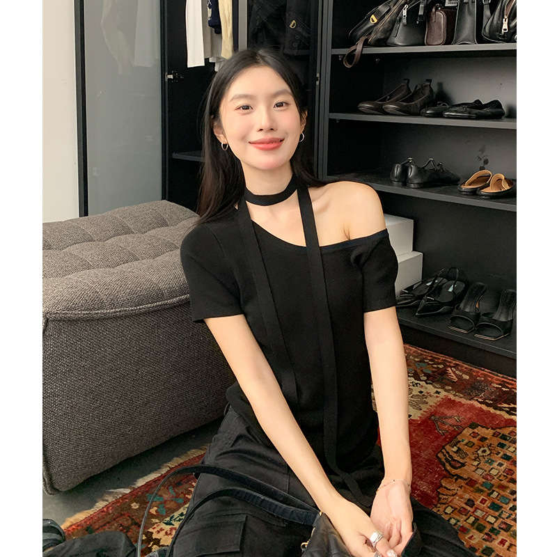 EAL天丝羊毛辣妹一字肩短袖T恤女夏季设计感纯欲飘带针织上衣