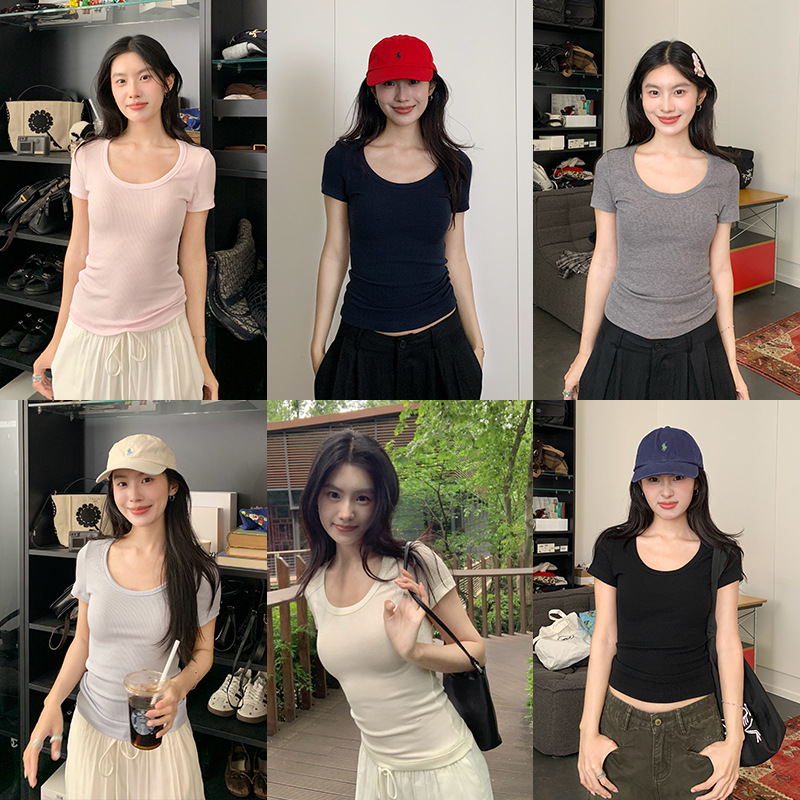 EAL羽迹莱赛尔羊毛坑条短袖T恤女夏季软糯修身正肩收腰针织上衣