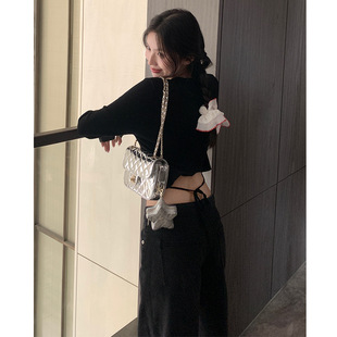 EAL设计感后腰系带露腰短款针织开衫2024楠涛小心机气质长袖上衣