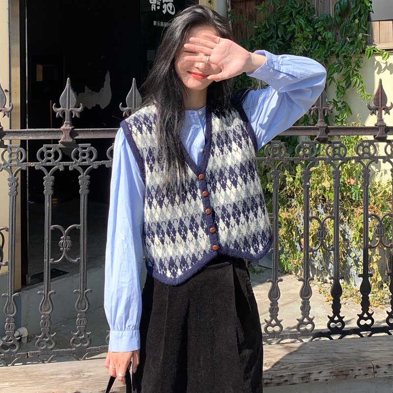 复古格子洋气无袖毛衣针织背心