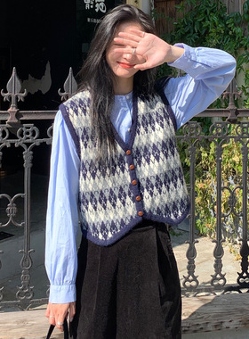 EAL楠涛复古格子背心洋气宽松无袖秋毛衣V领针织马甲开衫女ST159