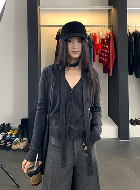 EAL山羊绒挂脖针织开衫女秋季楠涛飘带V领显瘦高级感长袖毛衣外套