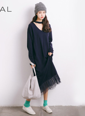EAL羽迹2025春季女装韩版加长款针织衫套头宽松拼接毛衣连衣裙M10