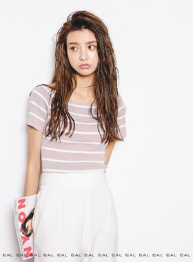 EAL羽迹上衣女夏 韩版一字领条纹薄款针织衫短袖女 套头A29