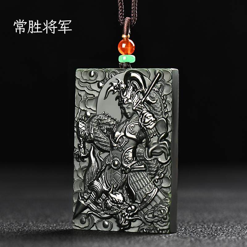 新疆和田玉武财神精雕常胜将军黑塔青玉一级特细料牌子吊坠挂件