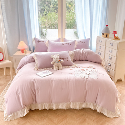 2025新款全棉双层纱床盖四件套加厚床单床上四件套公主风床裙刺绣