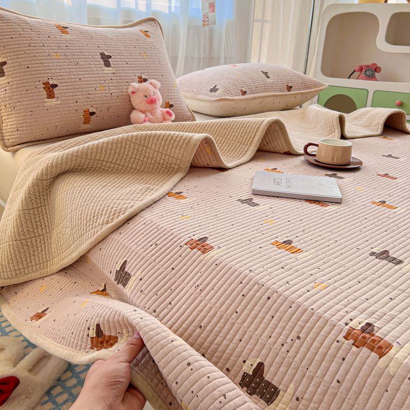 纯棉夹棉床盖绗缝密道床盖高温酵素砂洗全棉加宝宝绒床盖三件套