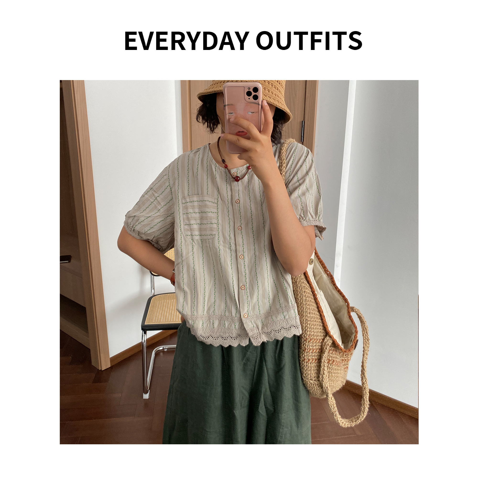 XH-HONG. 复古拼蕾丝小花衬衫5E11时尚休闲小众宽松  25026