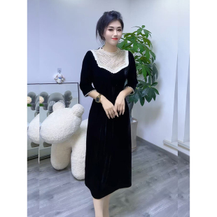 法式赫本风黑色金丝绒气质款长裙2025秋季新品高腰显瘦中袖连衣裙