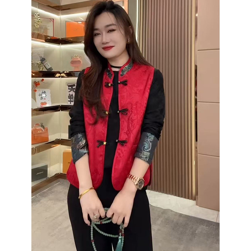 红色新中式马甲套装女2025秋冬复古提花国风盘扣刺绣打底衫两件套,女装/女士精品,时尚套装,淘宝优惠券,粉丝福利购,淘宝优惠卷