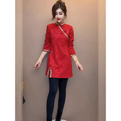 百搭高端国风气质中长款 2025秋冬新款 上衣 改良唐装 红色旗袍新中式