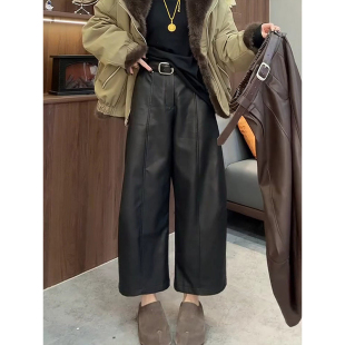欧货皮裤高腰阔腿九分裤女2026秋冬新款宽松显瘦百搭洋气弯刀裤子