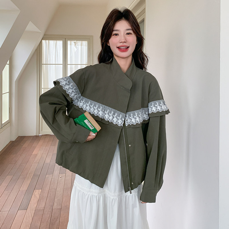 蕾丝拼接休闲短外套女2025春季新款设计感超好看宽松时尚夹克上衣,女装短外套,昱儿e优优
