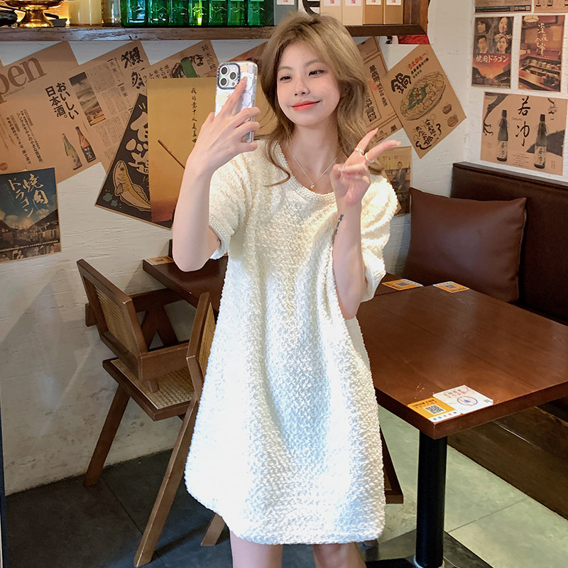 法式浪漫镂空泡泡袖连衣裙女2025夏季新款高级感宽松小个子a字裙,女装连衣裙,昱儿e优优