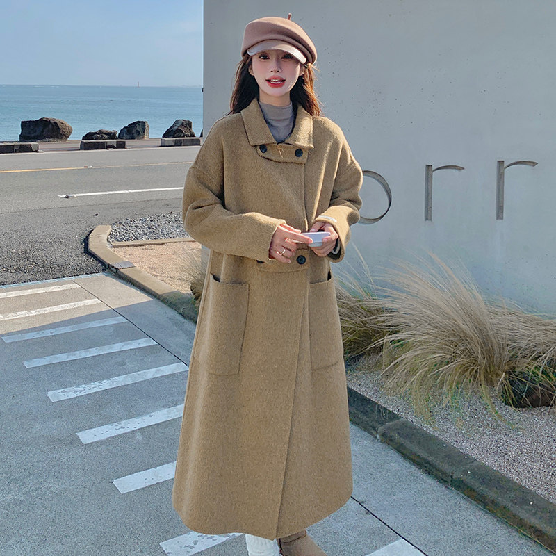 卡其色双面羊绒大衣女冬新款高级感赫本风中长款显瘦过膝毛呢外套,女装毛呢外套,昱儿e优优
