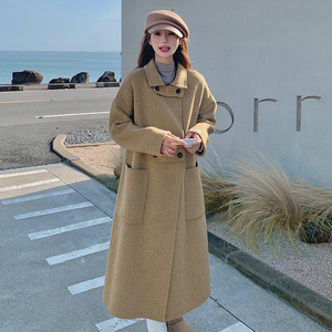 卡其色双面羊绒大衣女冬新款高级感赫本风中长款显瘦过膝毛呢外套图片