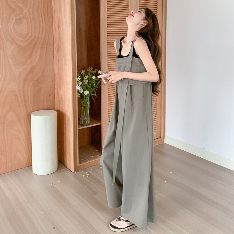 韩系穿搭超火背带裤女2025新款夏小众阔腿裤垂感直筒高腰休闲长裤,女装休闲裤,昱儿e优优