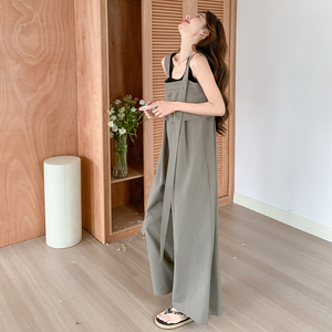韩系穿搭超火背带裤女2025新款夏小众阔腿裤垂感直筒高腰休闲长裤图片