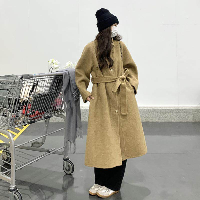 立领宽松双面羊绒大衣女2024冬新款高级收腰过膝中长韩系毛呢外套图片