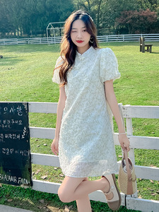 气质小香风短裙泡泡袖初恋小个子改良旗袍连衣裙女夏季设计感小众图片