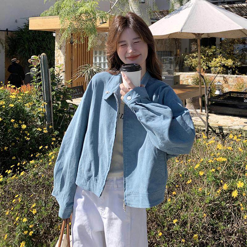 韩系独特好看蓝色短款夹克外套女春秋2025新款超火高级感小众上衣,女装短外套,昱儿e优优