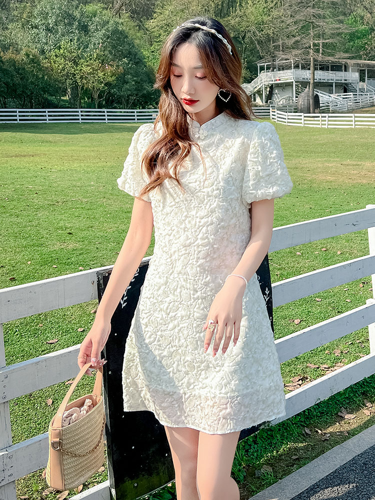 气质小香风短裙泡泡袖初恋小个子改良旗袍连衣裙女夏季设计感小众,女装连衣裙,昱儿e优优