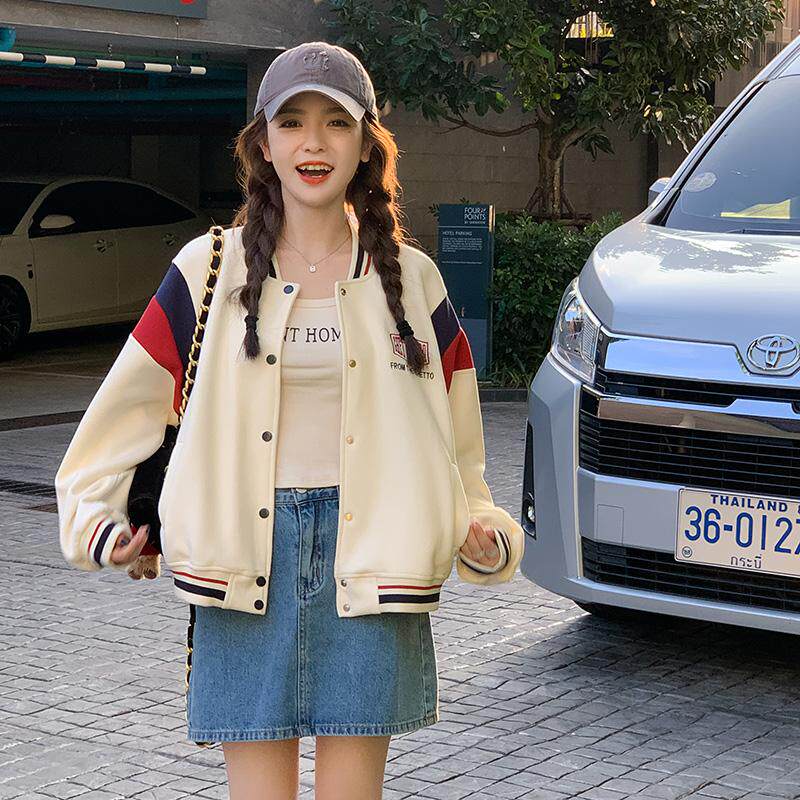 美式学院风短款白色棒球服外套女春秋超火好看高级感小众夹克上衣,女装短外套,昱儿e优优