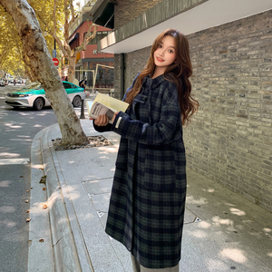 格纹连帽双面羊毛大衣女冬2025新款韩系学院风减龄长款毛呢外套潮图片