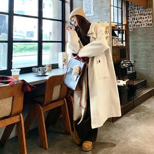 白色双面羊毛大衣女冬季新款韩系宽松加厚牛角扣连帽长款毛呢外套图片