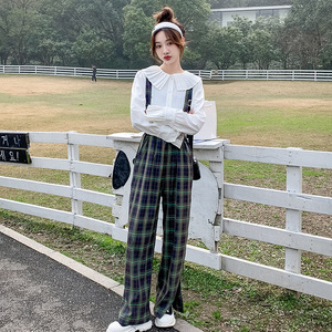 2025夏新款格纹背带裤女可盐可甜收腰显瘦减龄直筒休闲阔腿裤图片