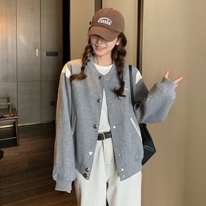 韩版时尚灰色棒球服外套女2025春秋季新款美式宽松显瘦设计感上衣图片