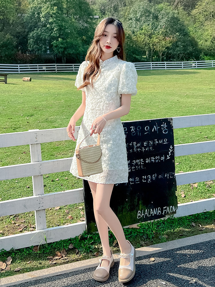 气质小香风短裙泡泡袖初恋小个子改良旗袍连衣裙女夏季设计感小众,女装连衣裙,昱儿e优优