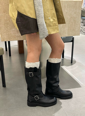 65号现货～【W-小集】经典黑色扣件头层胎牛皮增高长靴长靴  632