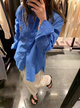13号现货~韩版简约宽松休闲百搭蓝色衬衫女长袖上衣E08298-1