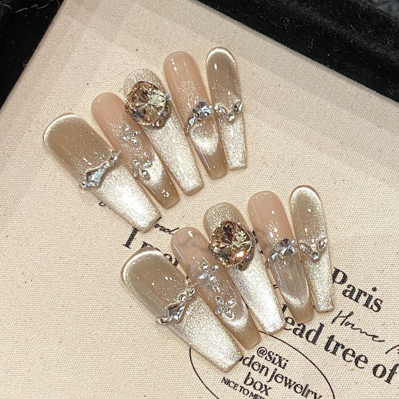 芭蕾风须尽欢手作猫眼超长款甲片